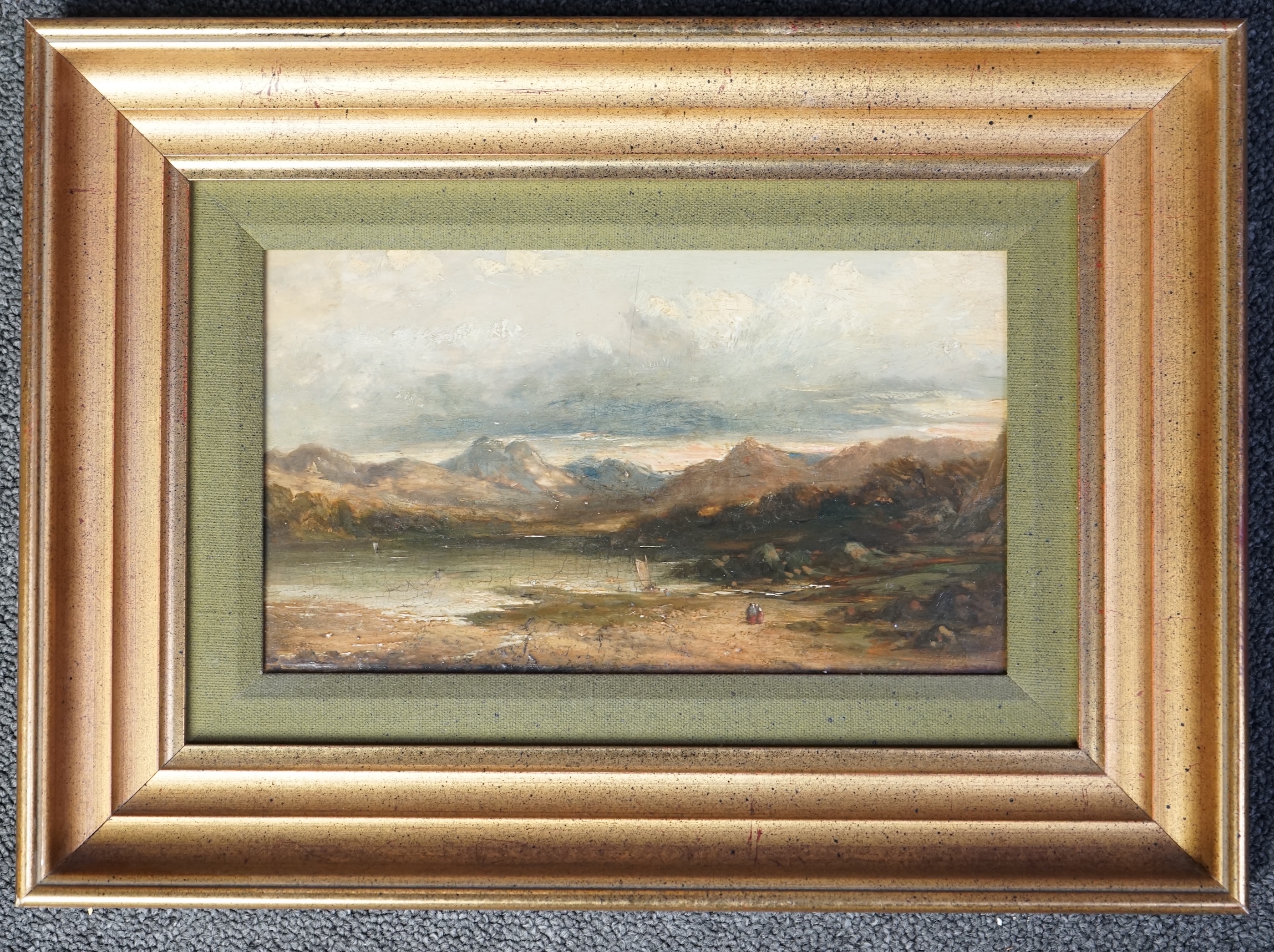 Charles Walter Radclyffe (British, 1817-1903), oil on panel, Figures in an extensive landscape, 14 x 23.5cm. Condition - fair to good